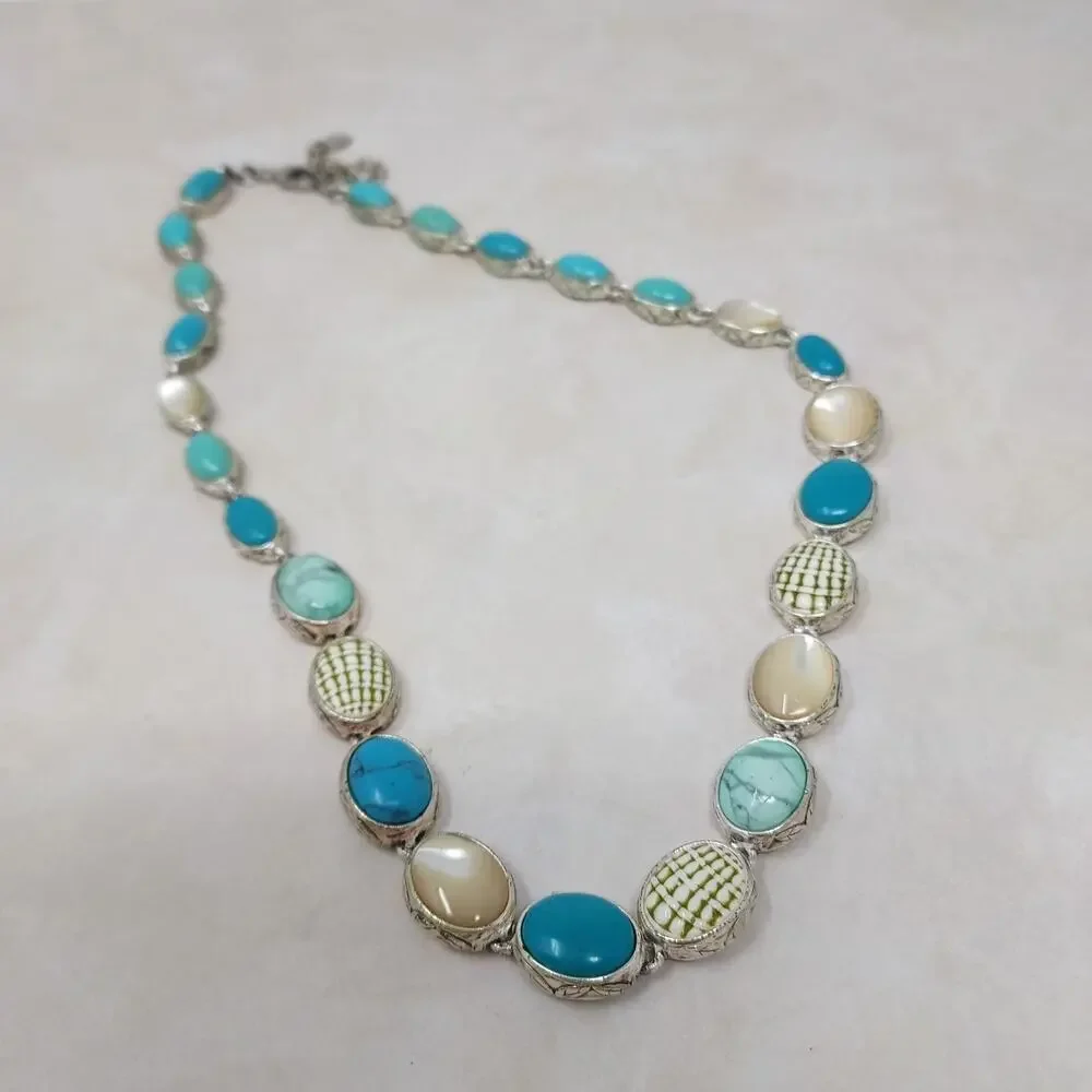 Vintage Monet Necklace Semiprecious Gemstone Turquoise Howlite MOP Signed 18